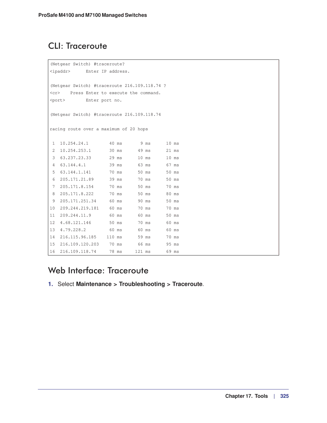 NETGEAR M4100, M7100 manual CLI Traceroute, Web Interface Traceroute, Select Maintenance Troubleshooting Traceroute 