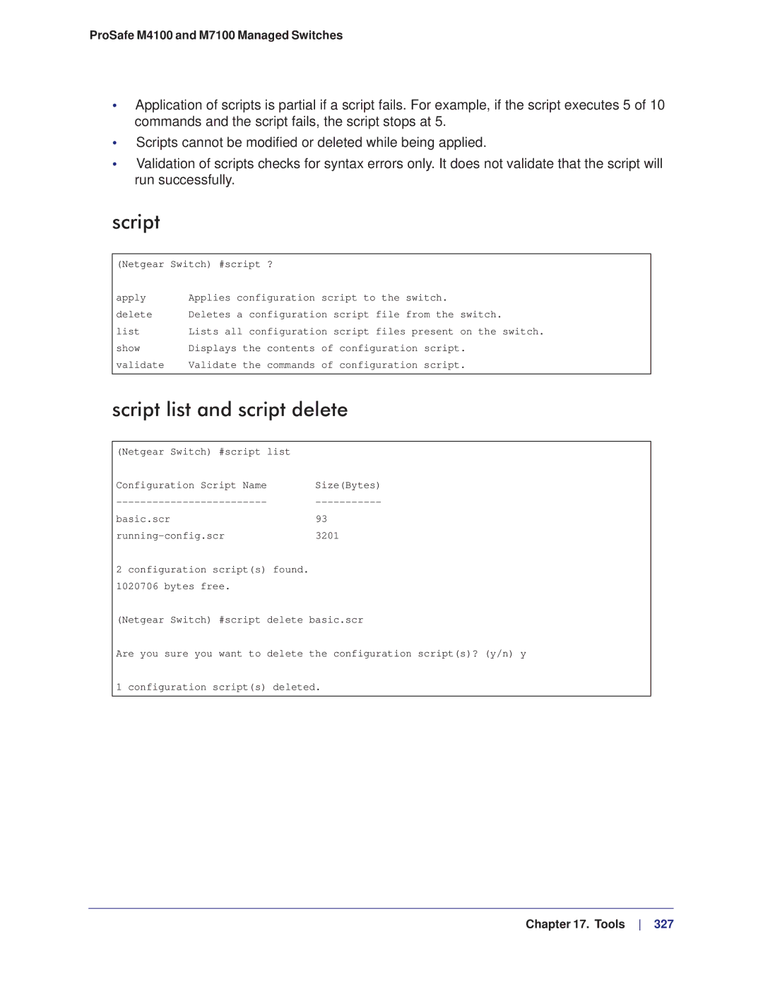 NETGEAR M4100, M7100 manual Script list and script delete 