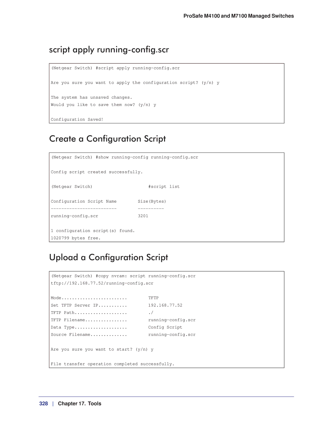 NETGEAR M7100, M4100 manual Script apply running-config.scr, Create a Configuration Script, Upload a Configuration Script 