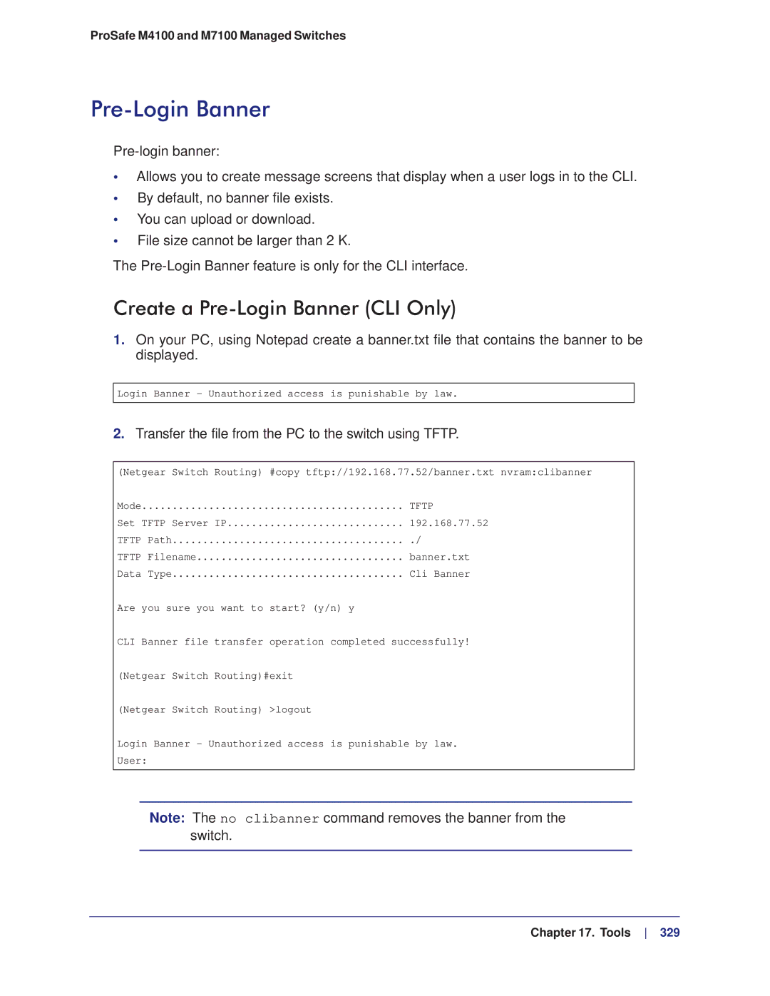 NETGEAR M4100, M7100 manual Create a Pre-Login Banner CLI Only, Transfer the file from the PC to the switch using Tftp 