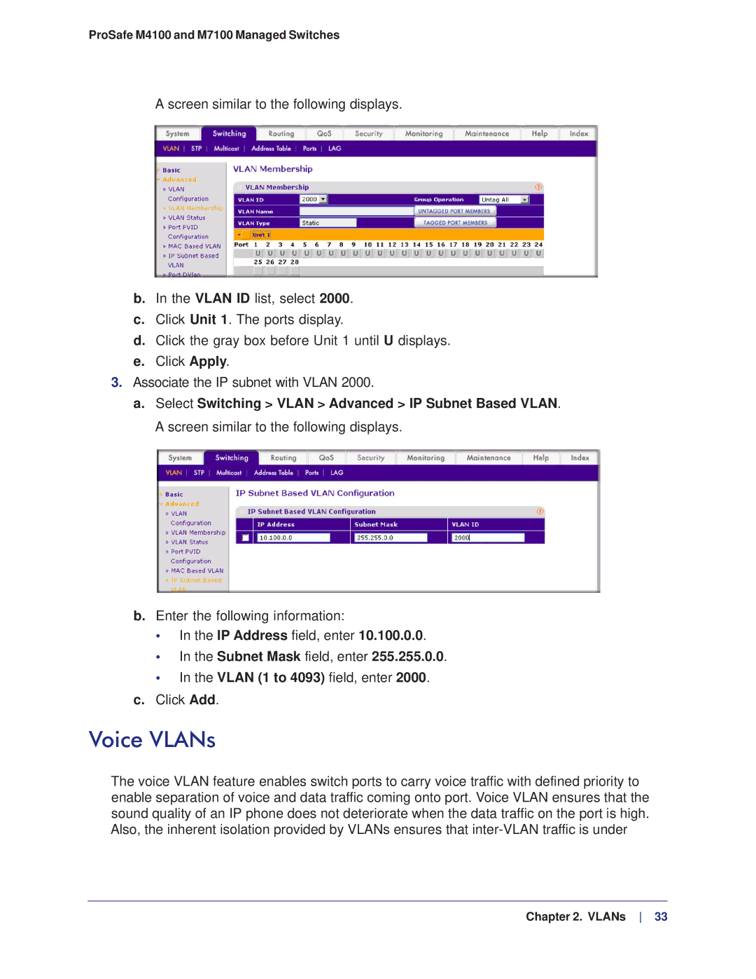 NETGEAR M4100, M7100 manual Voice VLANs, Subnet Mask field, enter, Vlan 1 to 4093 field, enter Click Add 