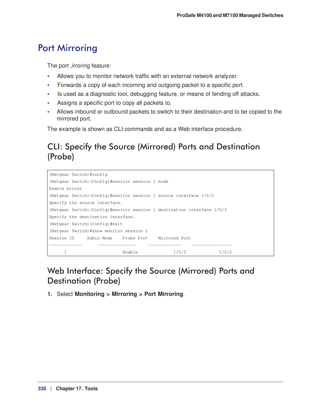 NETGEAR M7100, M4100 manual Port Mirroring, CLI Specify the Source Mirrored Ports and Destination Probe 