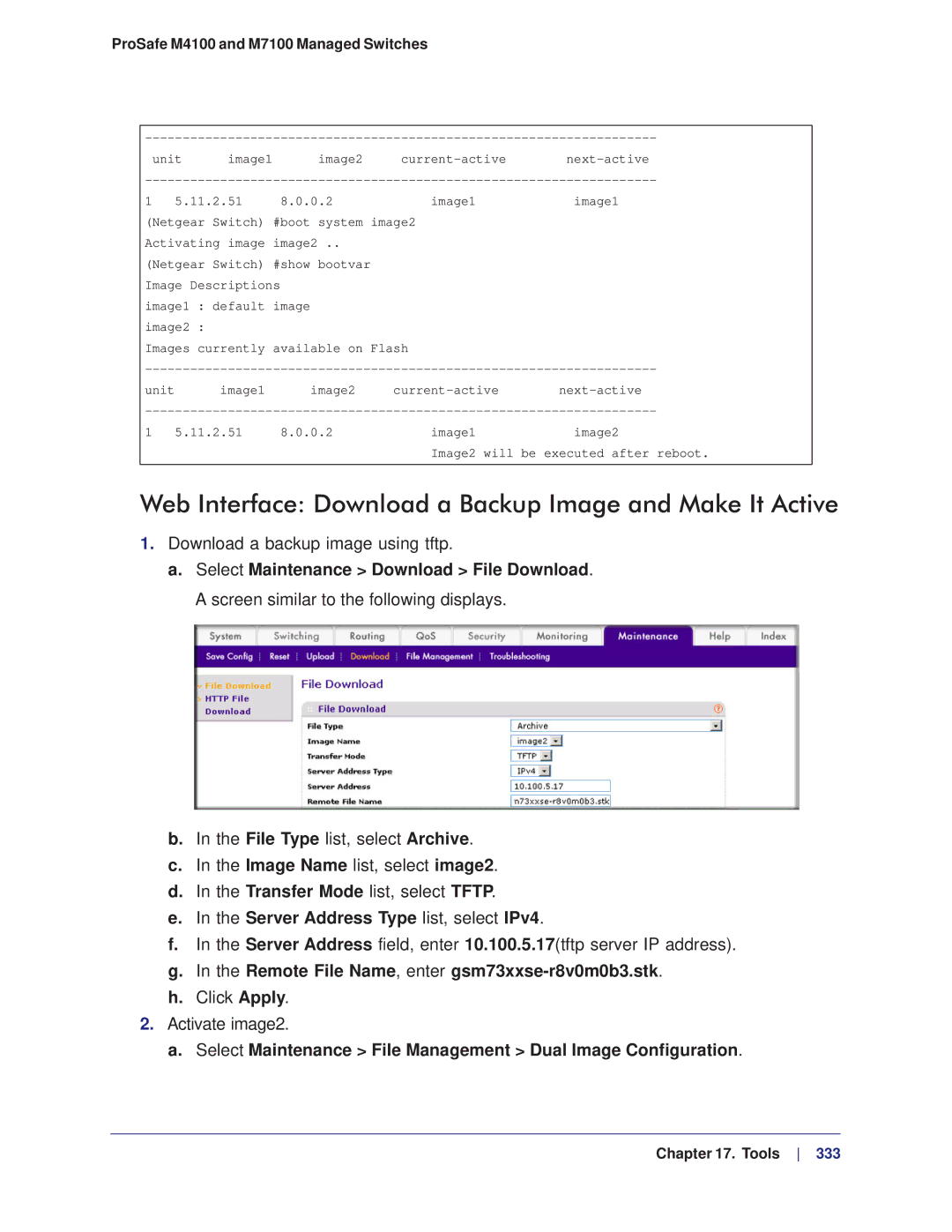 NETGEAR M4100, M7100 manual Web Interface Download a Backup Image and Make It Active, Server Address Type list, select IPv4 