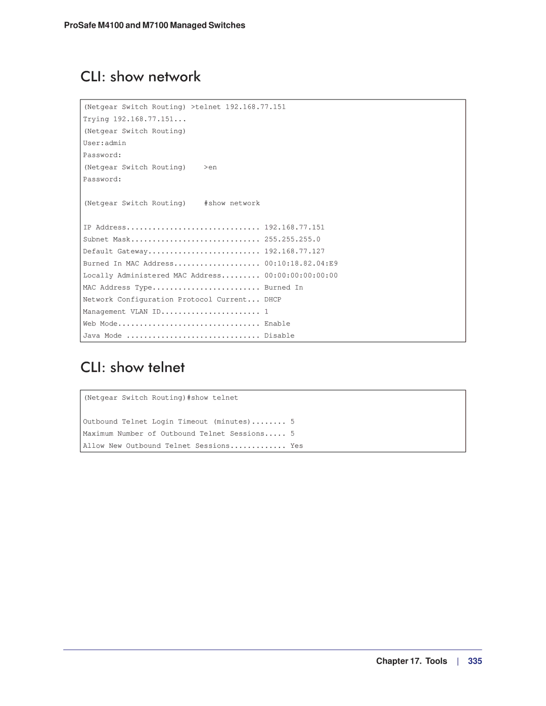 NETGEAR M4100, M7100 manual CLI show network, CLI show telnet 