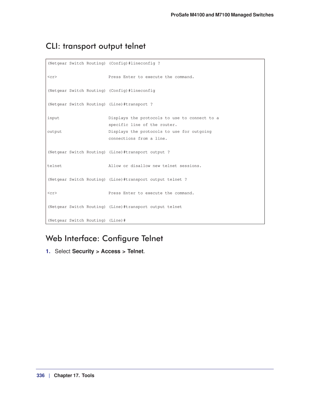 NETGEAR M7100, M4100 manual CLI transport output telnet, Web Interface Configure Telnet, Select Security Access Telnet 