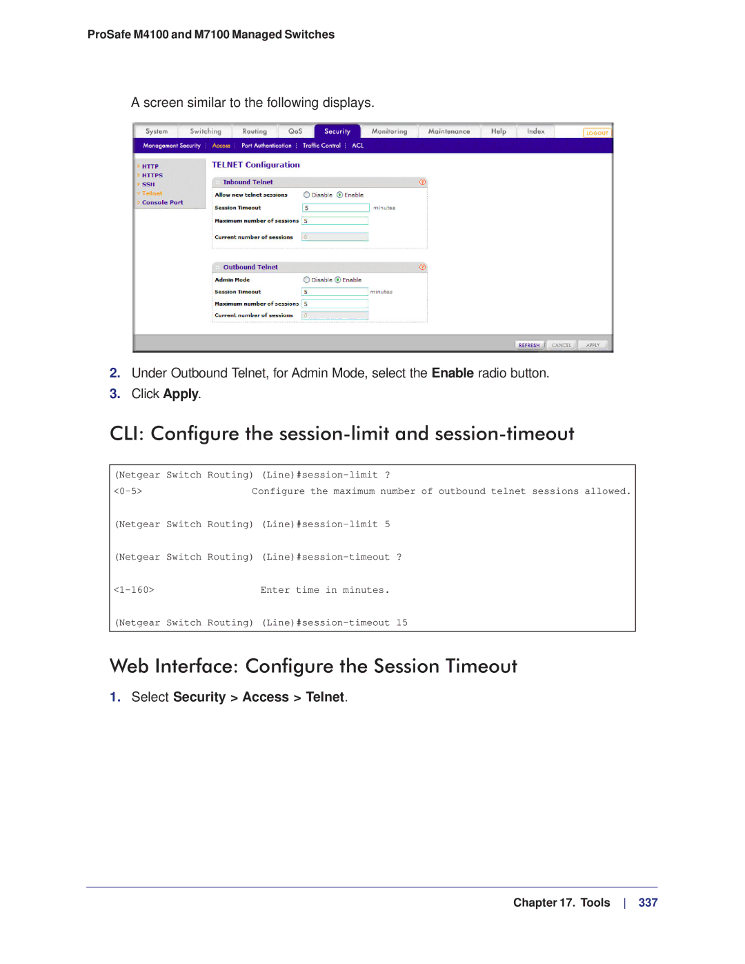 NETGEAR M4100, M7100 manual CLI Configure the session-limit and session-timeout, Web Interface Configure the Session Timeout 