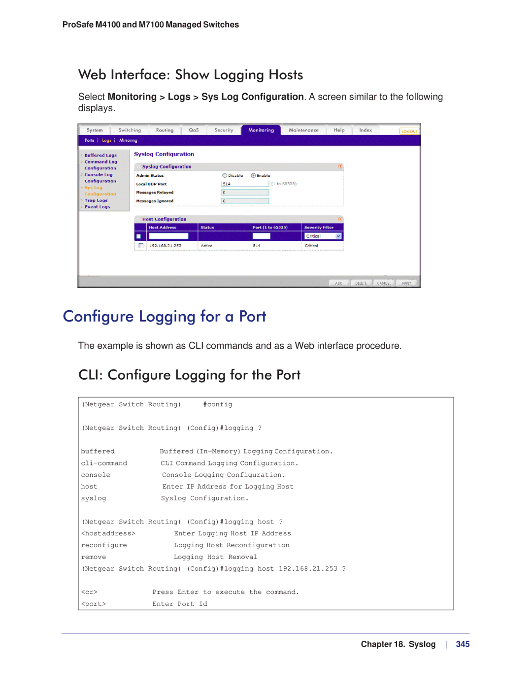 NETGEAR M4100, M7100 Configure Logging for a Port, Web Interface Show Logging Hosts, CLI Configure Logging for the Port 