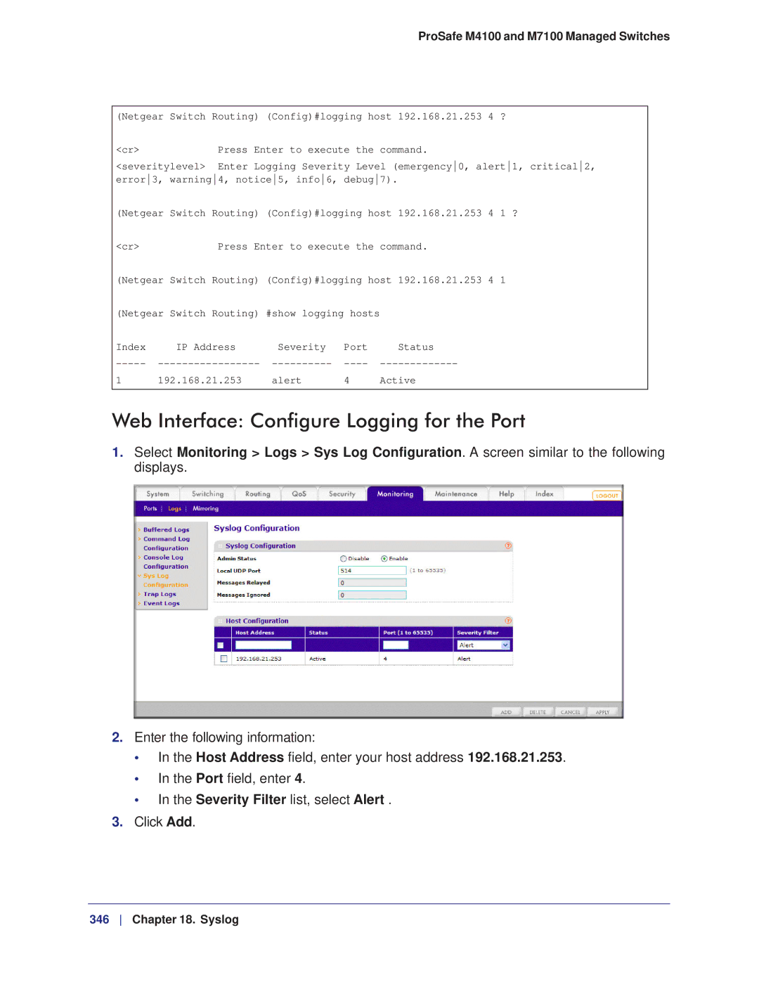 NETGEAR M7100, M4100 manual Web Interface Configure Logging for the Port, Severity Filter list, select Alert 