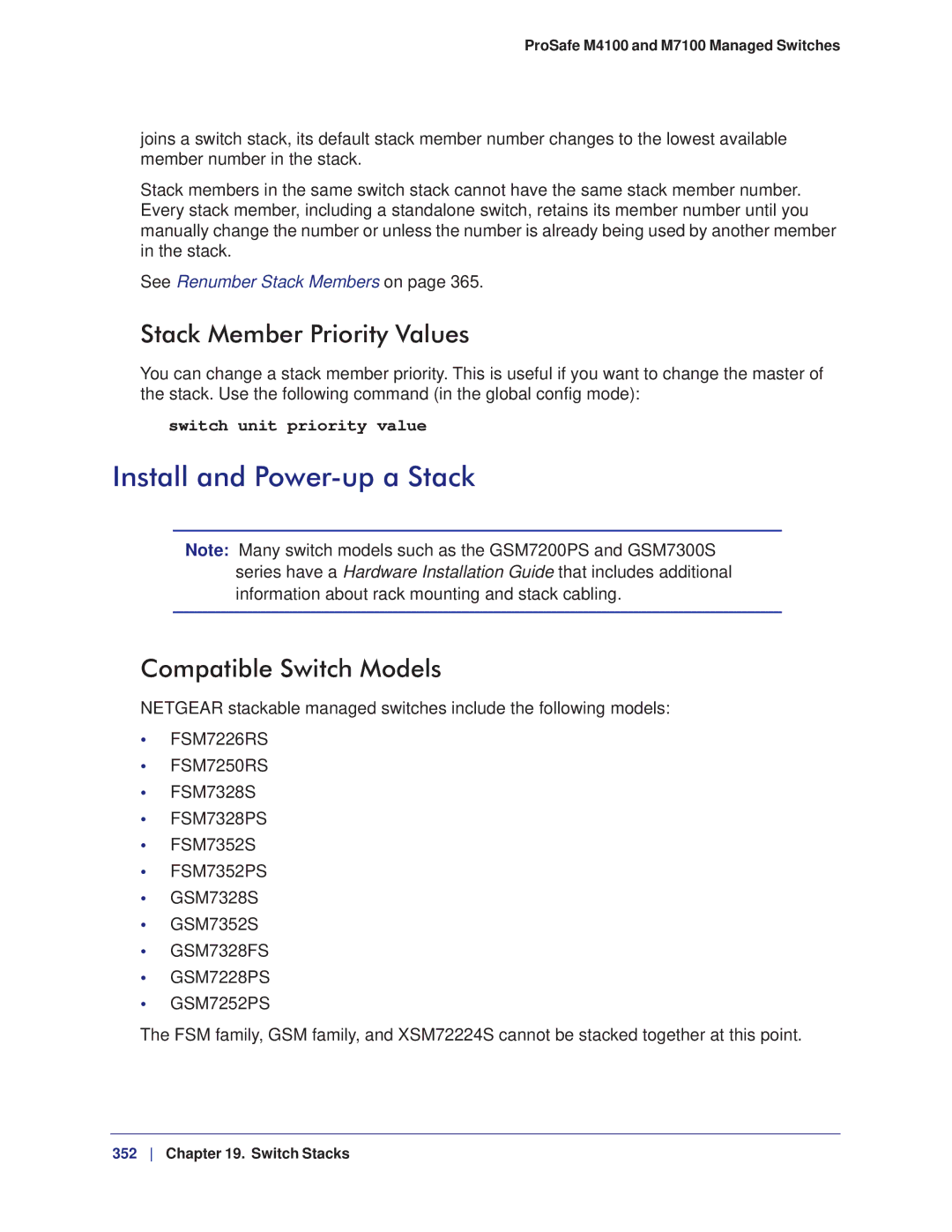 NETGEAR M7100, M4100 manual Install and Power-up a Stack, Stack Member Priority Values, Compatible Switch Models 