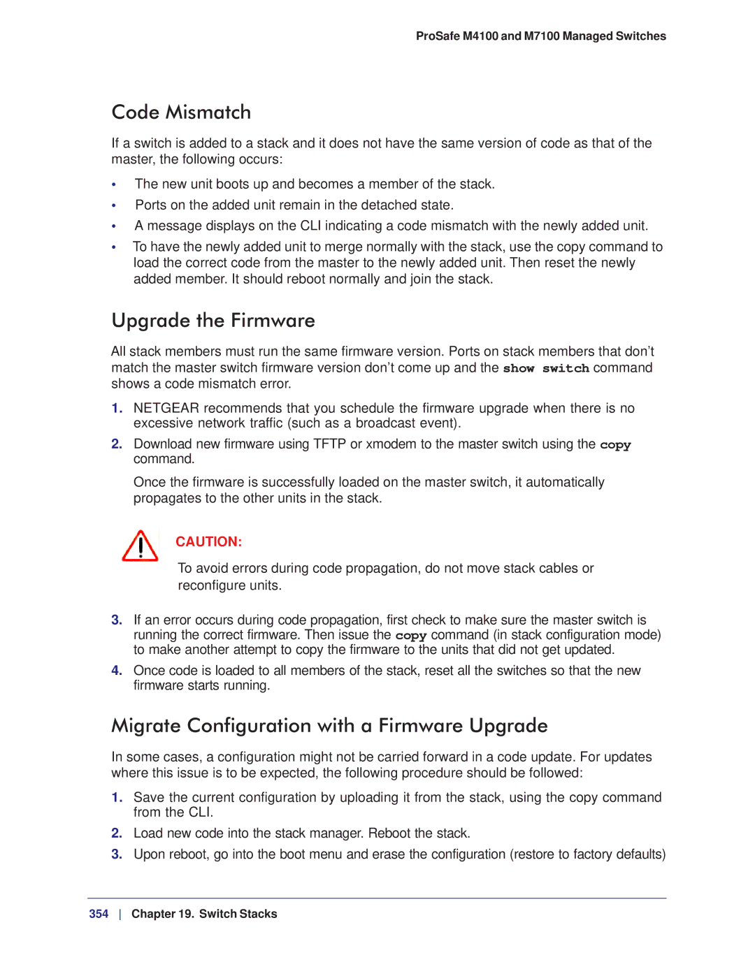 NETGEAR M7100, M4100 manual Code Mismatch, Upgrade the Firmware, Migrate Configuration with a Firmware Upgrade 