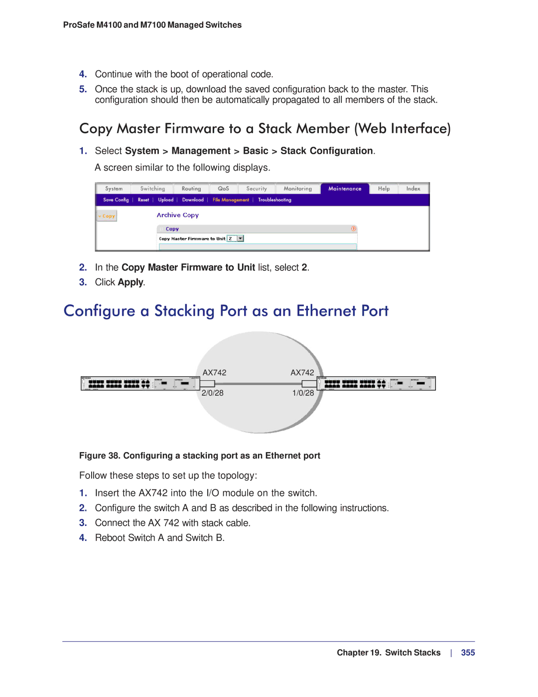 NETGEAR M4100, M7100 Configure a Stacking Port as an Ethernet Port, Copy Master Firmware to a Stack Member Web Interface 