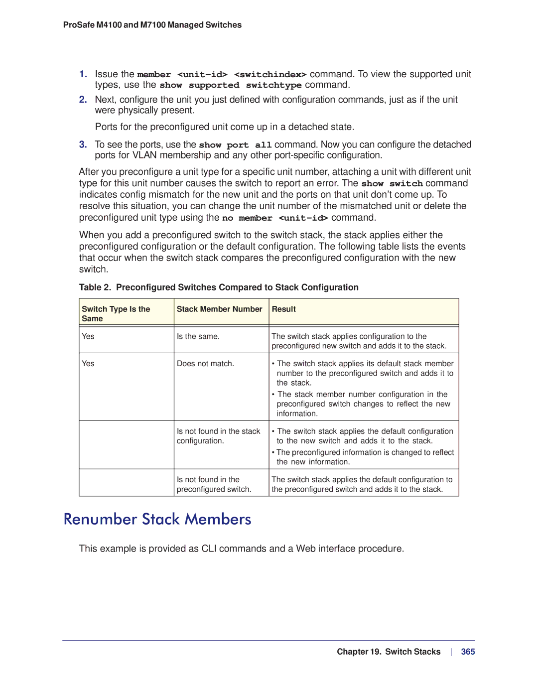 NETGEAR M4100, M7100 manual Renumber Stack Members, Preconfigured Switches Compared to Stack Configuration 