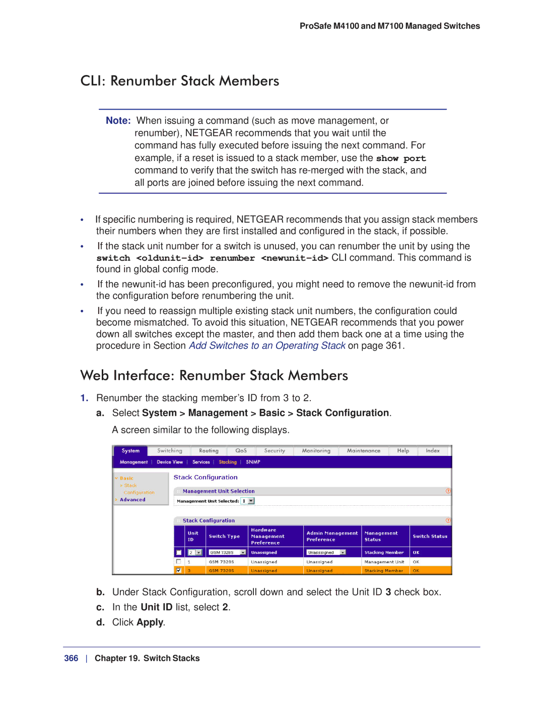 NETGEAR M7100, M4100 manual CLI Renumber Stack Members, Web Interface Renumber Stack Members 