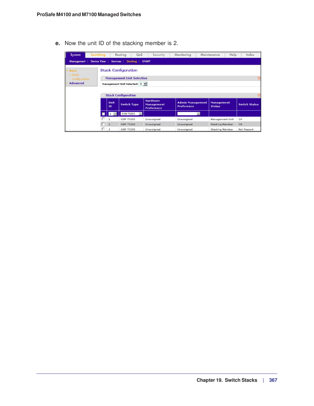 NETGEAR M4100, M7100 manual Now the unit ID of the stacking member is 