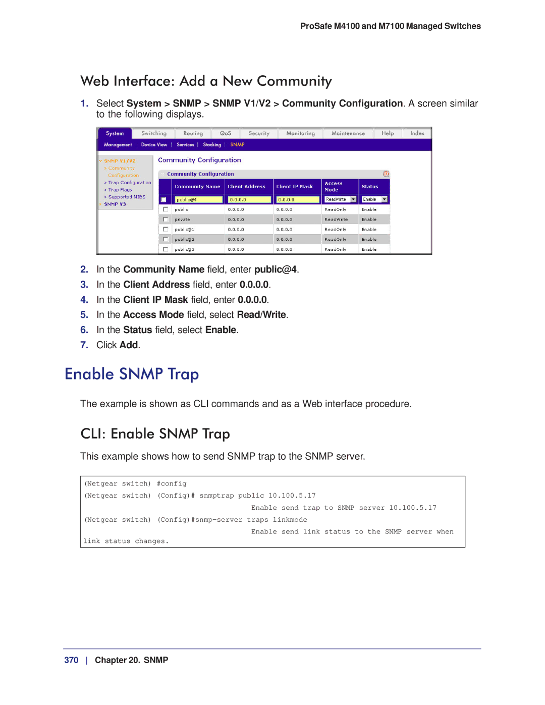 NETGEAR M7100, M4100 manual Web Interface Add a New Community, CLI Enable Snmp Trap 