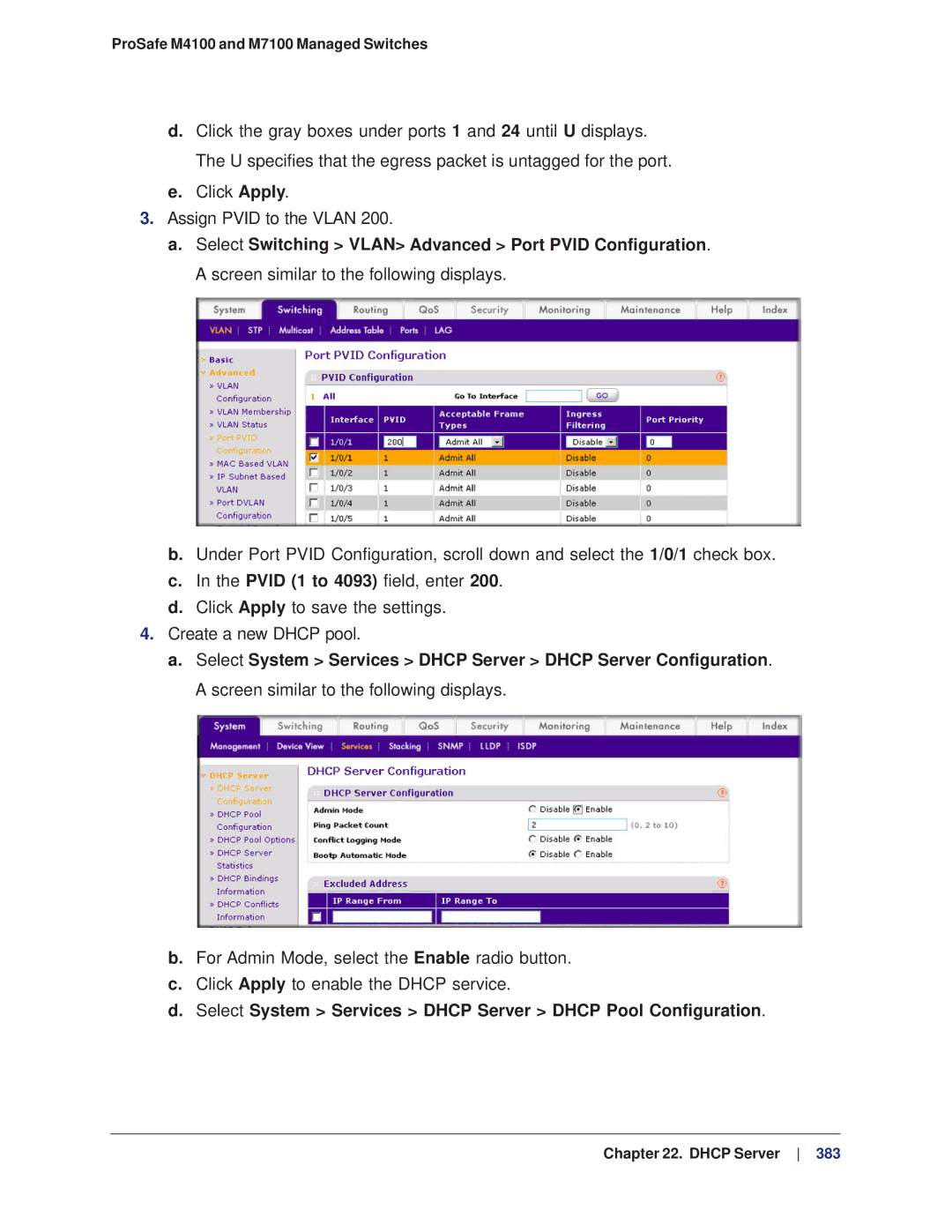 NETGEAR M4100, M7100 manual Select System Services Dhcp Server Dhcp Pool Configuration 