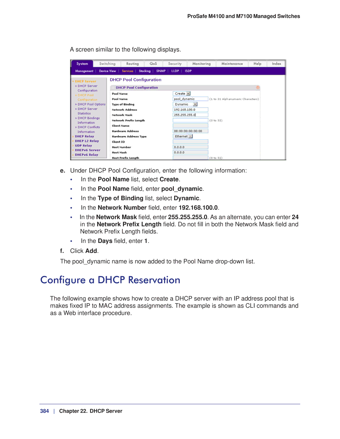 NETGEAR M7100, M4100 manual Configure a Dhcp Reservation 