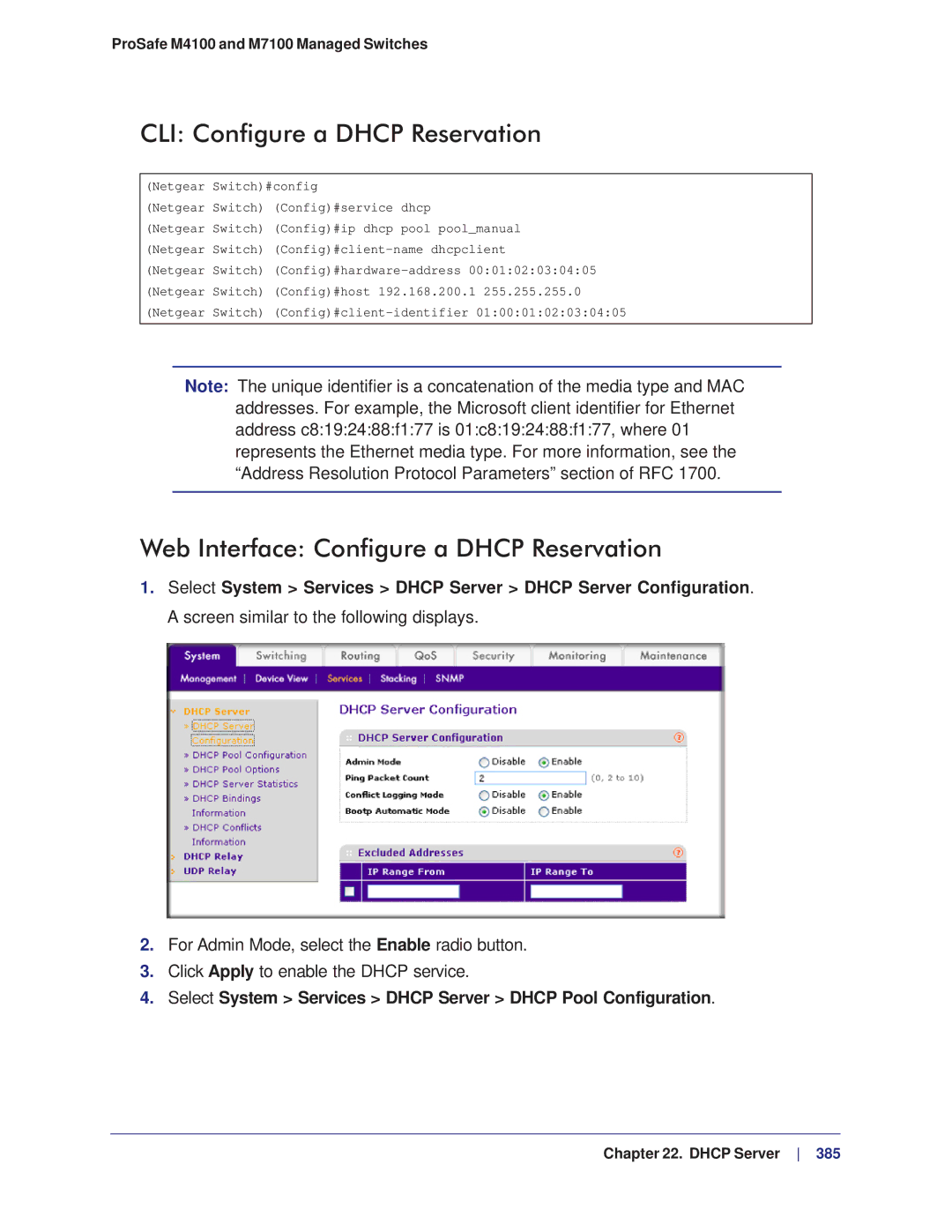 NETGEAR M4100, M7100 manual CLI Configure a Dhcp Reservation, Web Interface Configure a Dhcp Reservation 