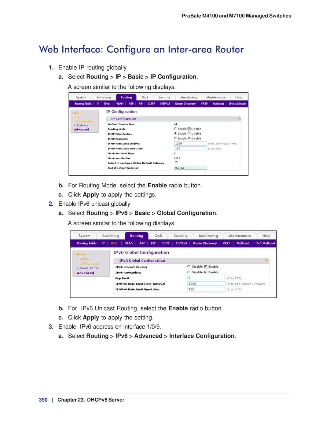 NETGEAR M7100, M4100 Web Interface Configure an Inter-area Router, Select Routing IPv6 Advanced Interface Configuration 