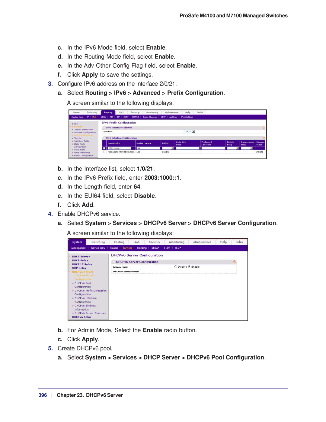 NETGEAR M7100, M4100 manual Select System Services Dhcp Server DHCPv6 Pool Configuration 