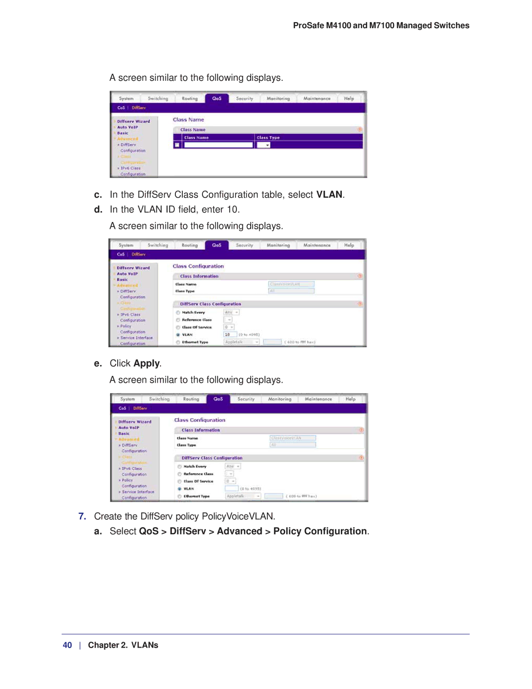 NETGEAR M7100, M4100 manual Select QoS DiffServ Advanced Policy Configuration 