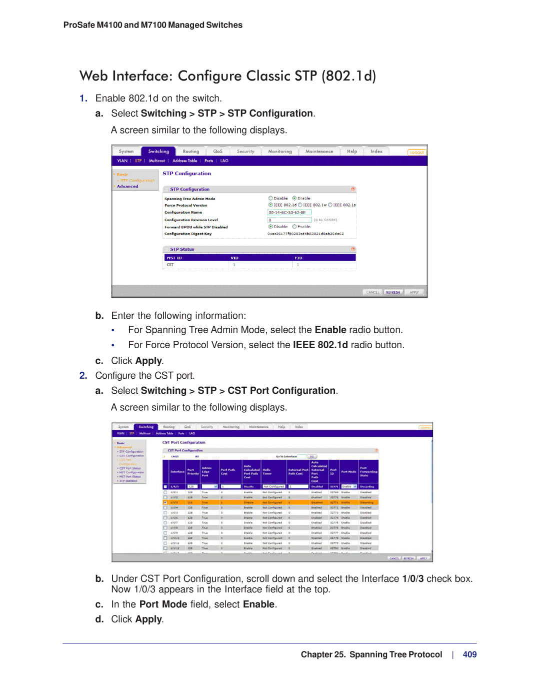 NETGEAR M4100, M7100 manual Web Interface Configure Classic STP 802.1d 