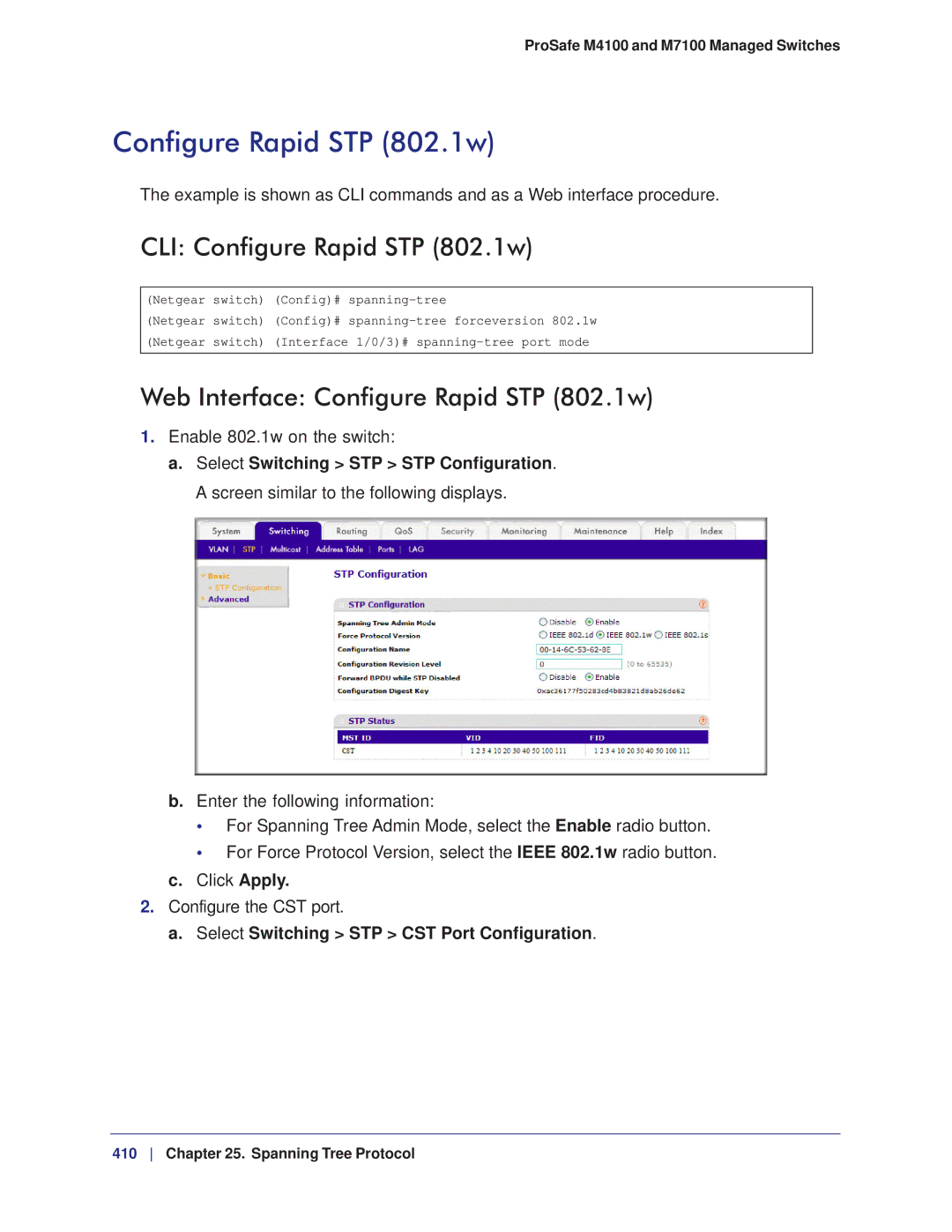 NETGEAR M7100, M4100 manual CLI Configure Rapid STP 802.1w, Web Interface Configure Rapid STP 802.1w 