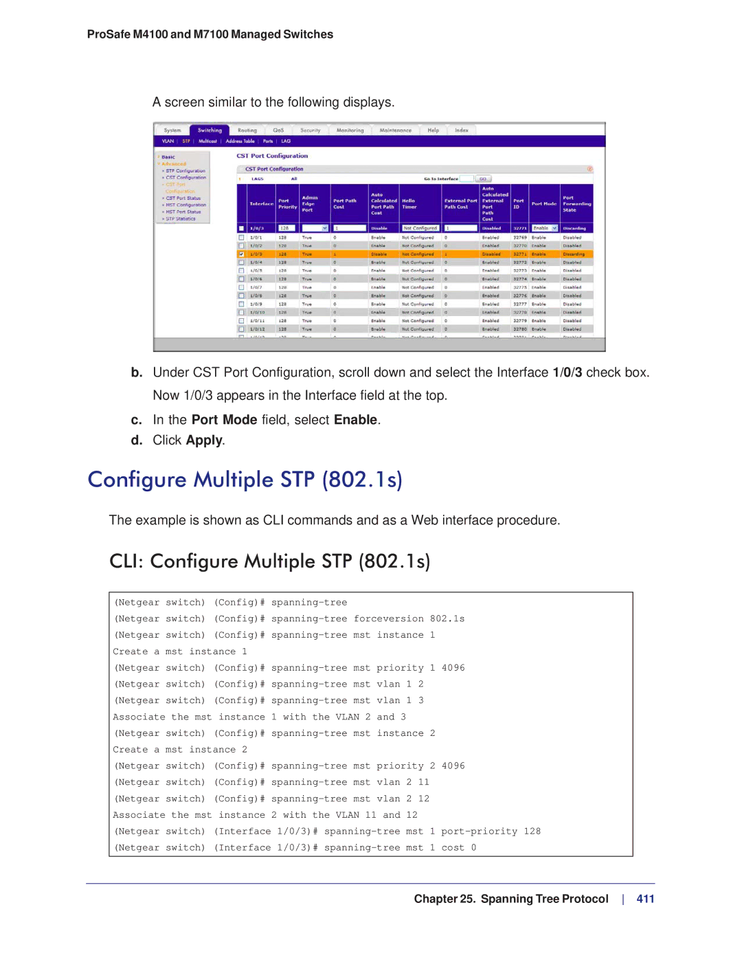 NETGEAR M4100, M7100 manual CLI Configure Multiple STP 802.1s 