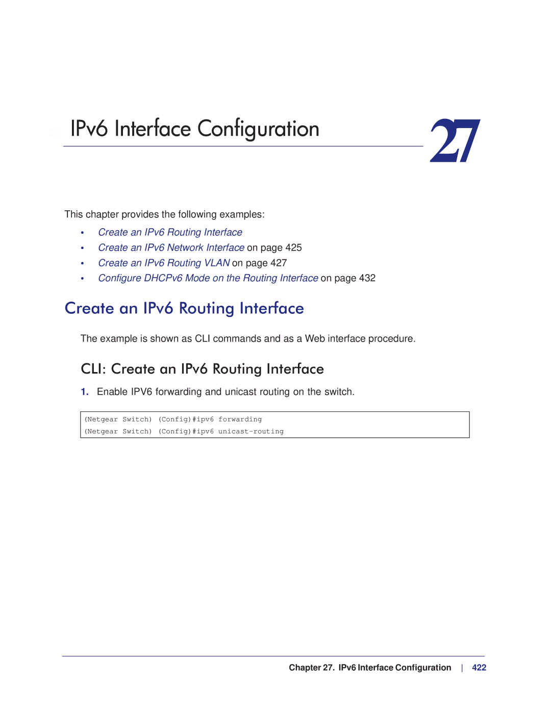 NETGEAR M7100, M4100 manual IPv6 Interface Configuration, CLI Create an IPv6 Routing Interface 