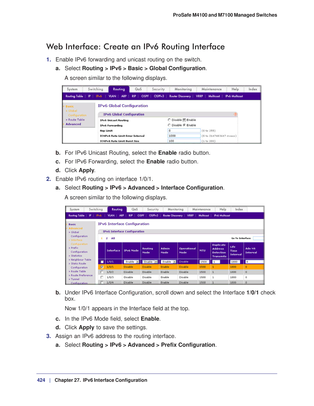 NETGEAR M7100, M4100 Web Interface Create an IPv6 Routing Interface, Select Routing IPv6 Advanced Prefix Configuration 