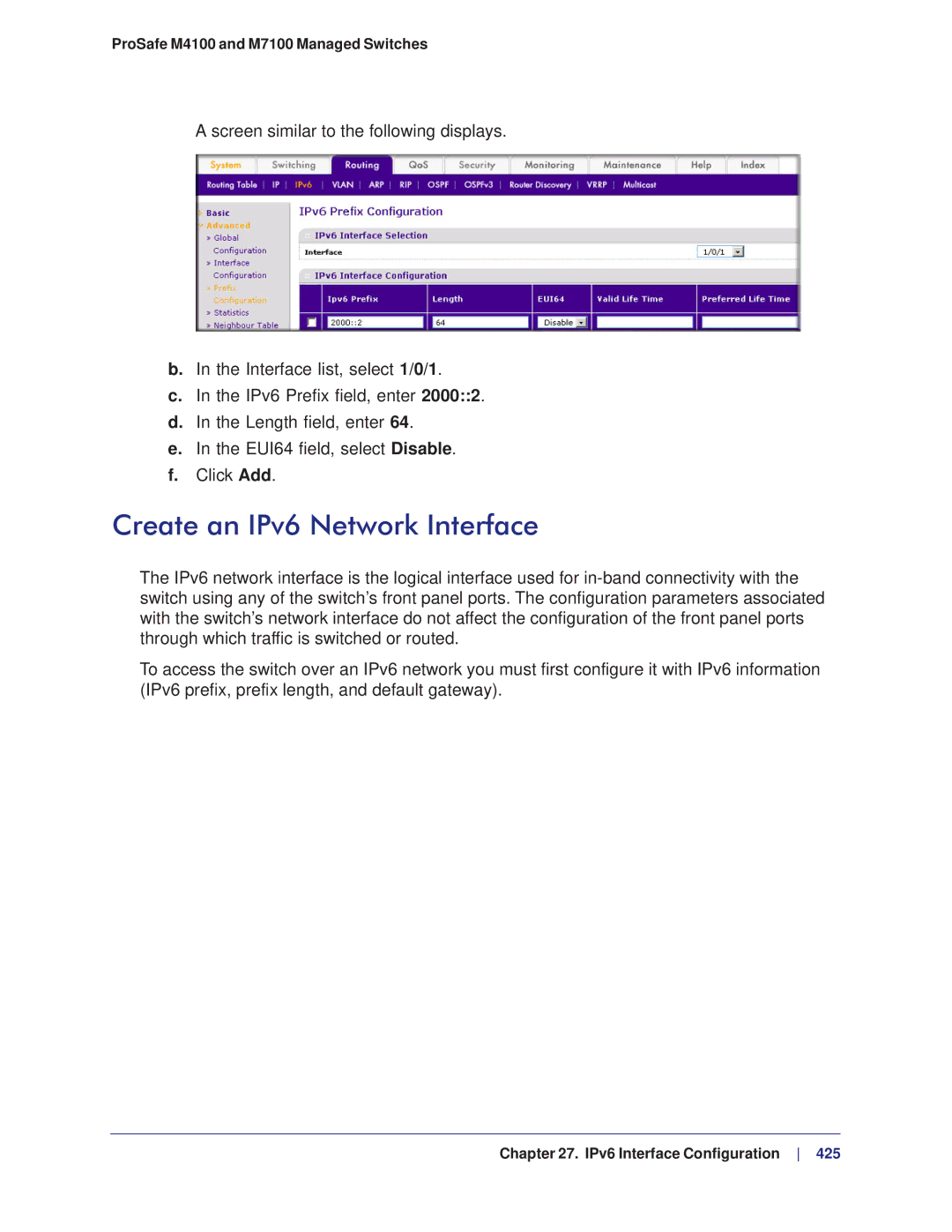 NETGEAR M4100, M7100 manual Create an IPv6 Network Interface 