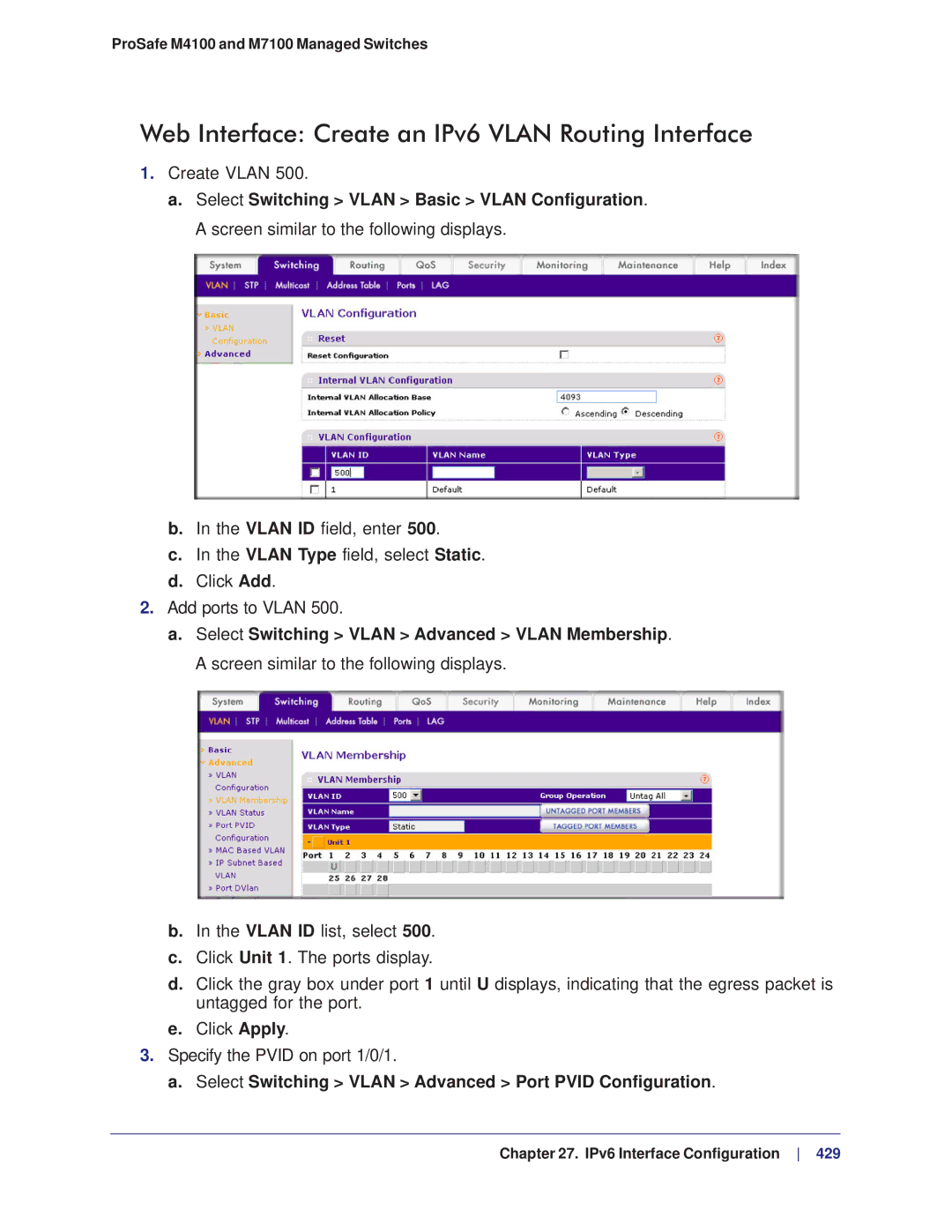 NETGEAR M4100 Web Interface Create an IPv6 Vlan Routing Interface, Select Switching Vlan Advanced Port Pvid Configuration 