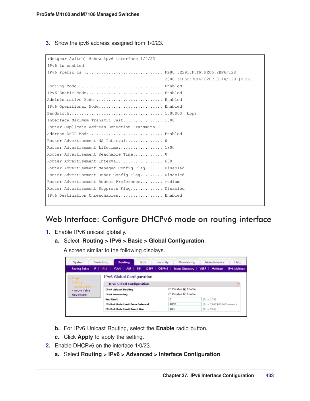 NETGEAR M4100, M7100 Web Interface Configure DHCPv6 mode on routing interface, Show the ipv6 address assigned from 1/0/23 