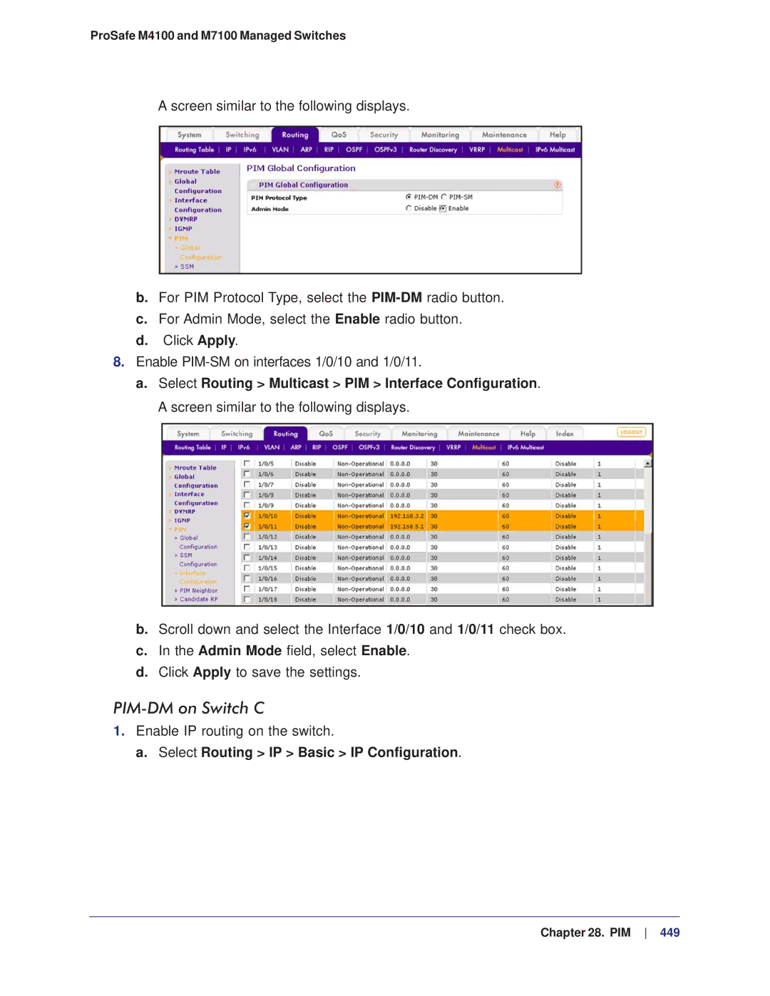 NETGEAR M4100, M7100 manual PIM-DM on Switch C 