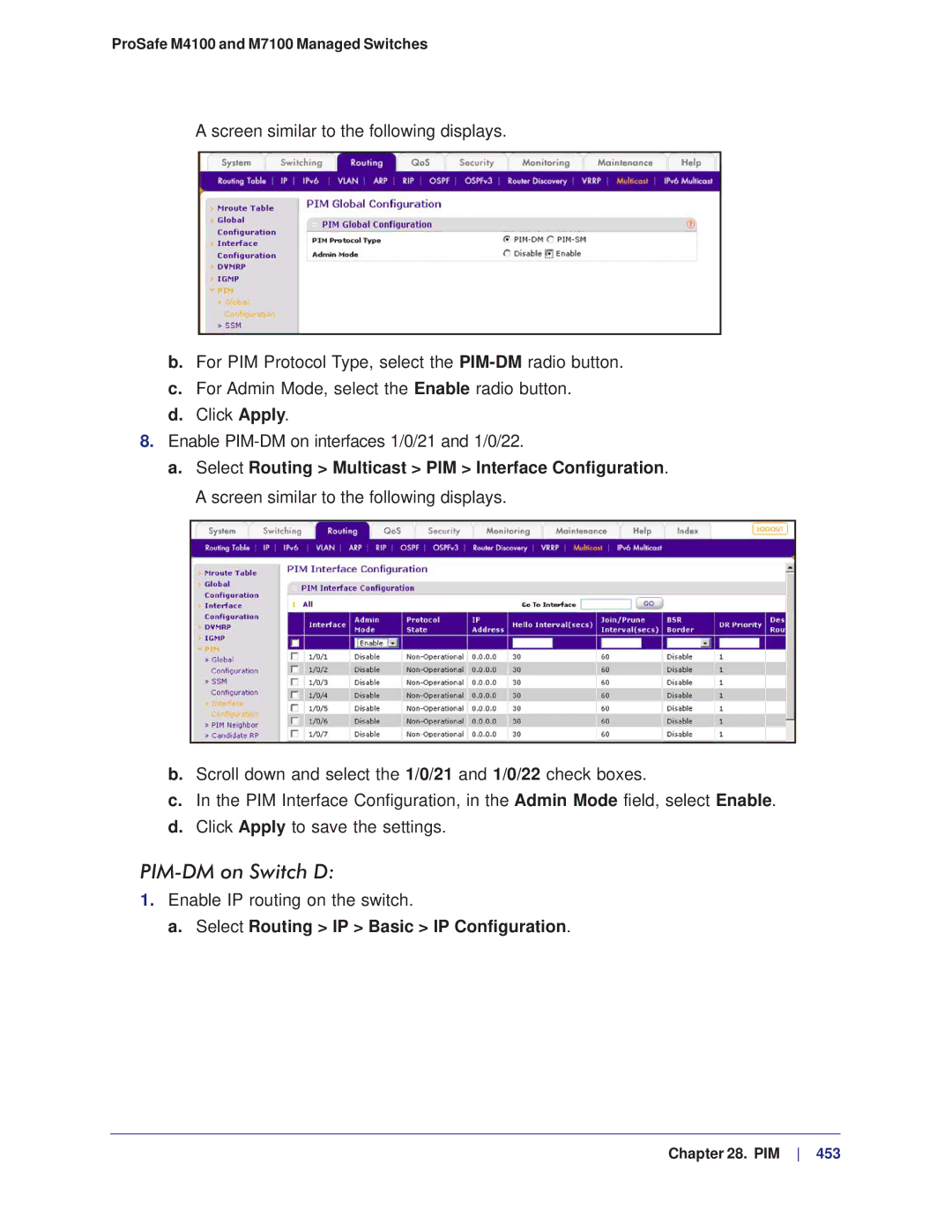 NETGEAR M4100, M7100 manual PIM-DM on Switch D 