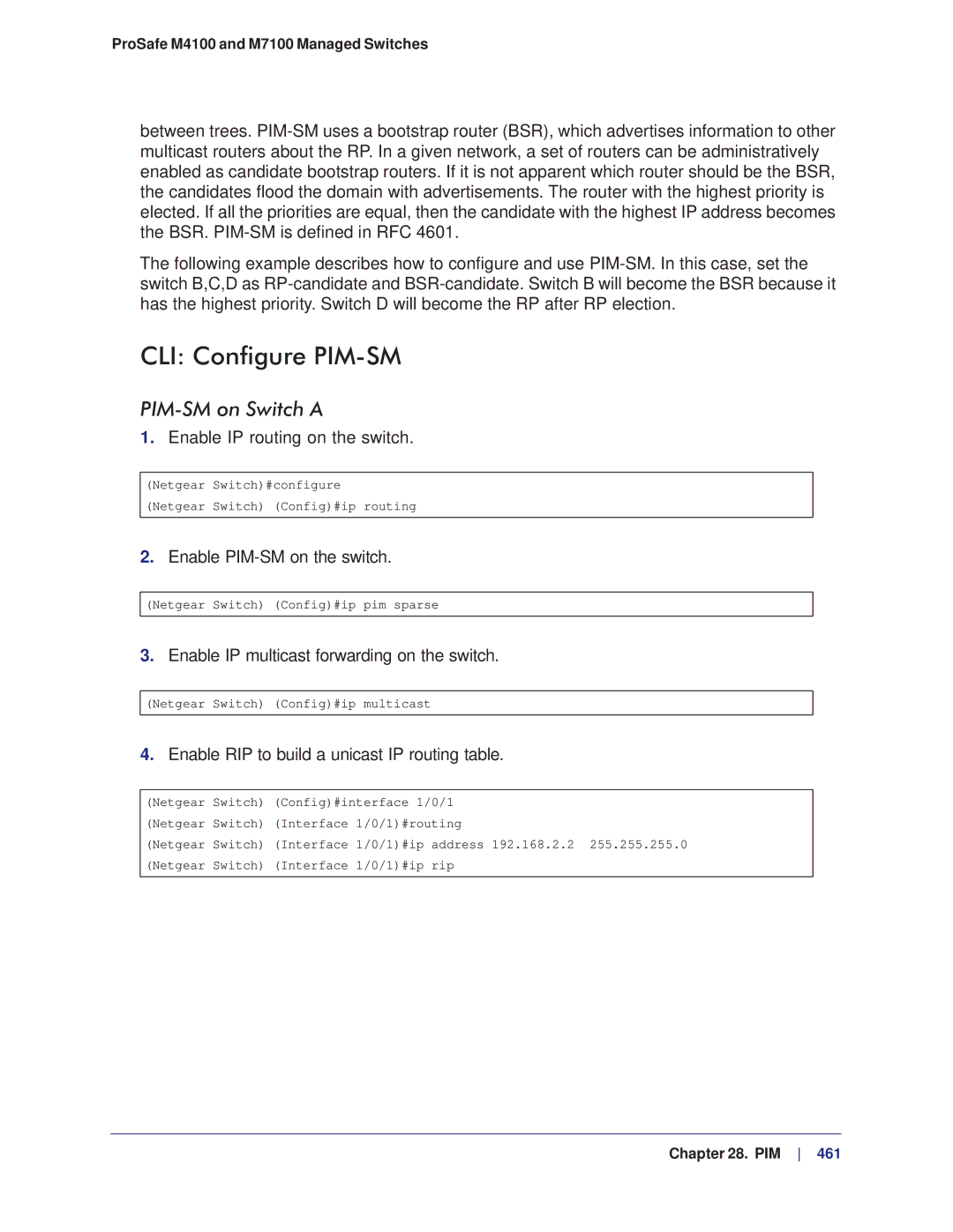 NETGEAR M4100, M7100 manual CLI Configure PIM-SM, PIM-SM on Switch a, Enable PIM-SM on the switch 