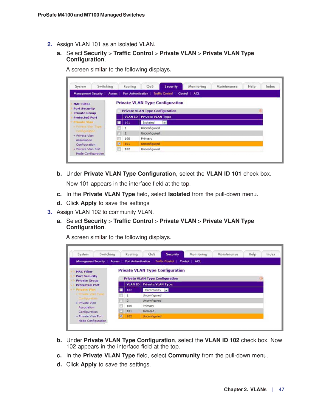 NETGEAR M4100, M7100 manual Assign Vlan 101 as an isolated Vlan 