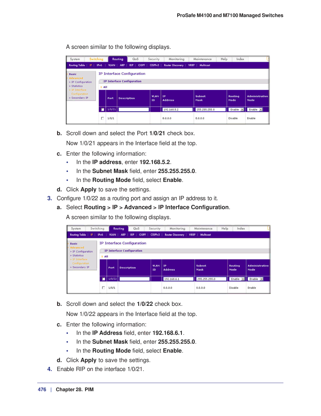 NETGEAR M7100, M4100 manual IP address, enter Subnet Mask field, enter, IP Address field, enter Subnet Mask field, enter 