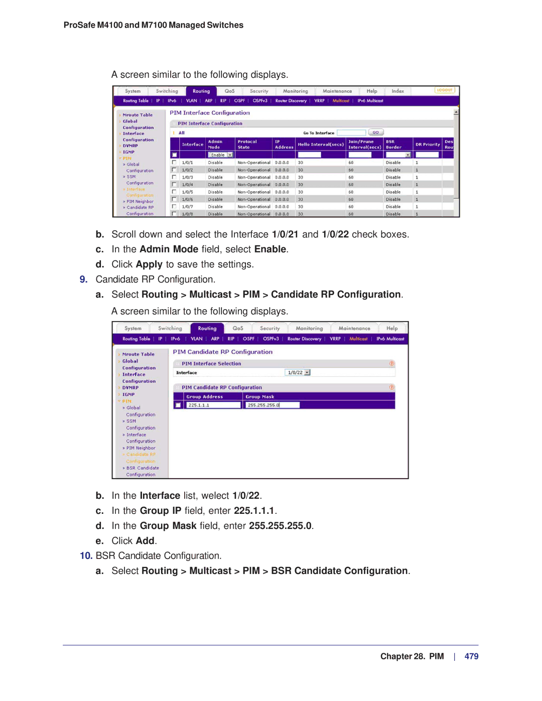 NETGEAR M4100, M7100 manual Click Add BSR Candidate Configuration, Select Routing Multicast PIM BSR Candidate Configuration 