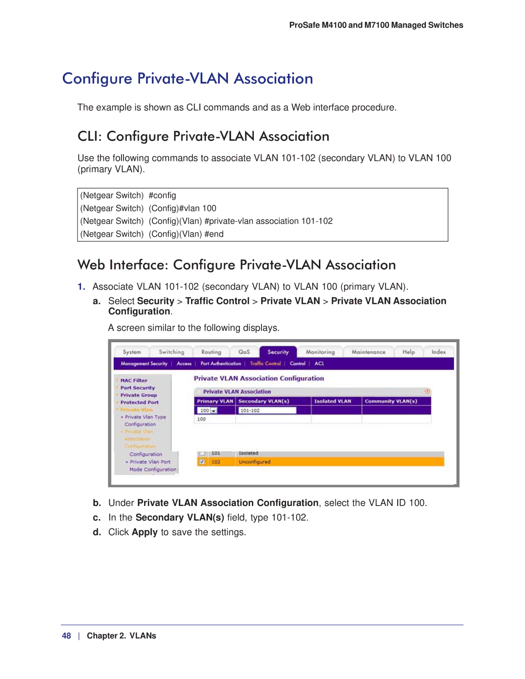 NETGEAR M7100, M4100 manual CLI Configure Private-VLAN Association, Web Interface Configure Private-VLAN Association 