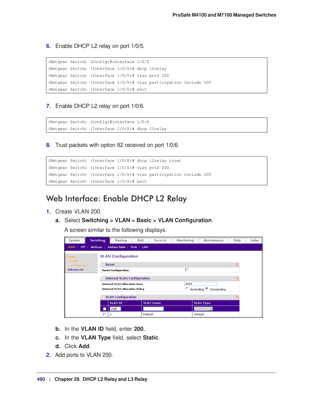 NETGEAR M7100 Web Interface Enable Dhcp L2 Relay, Enable Dhcp L2 relay on port 1/0/5, Enable Dhcp L2 relay on port 1/0/6 