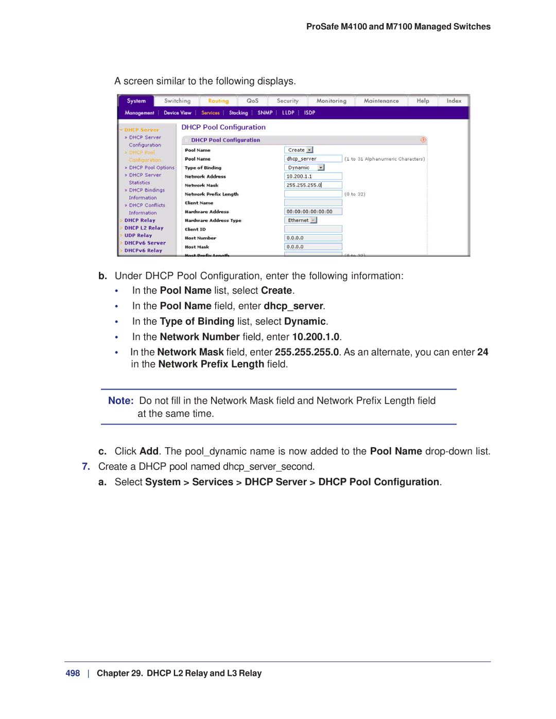 NETGEAR M7100, M4100 manual Select System Services Dhcp Server Dhcp Pool Configuration 