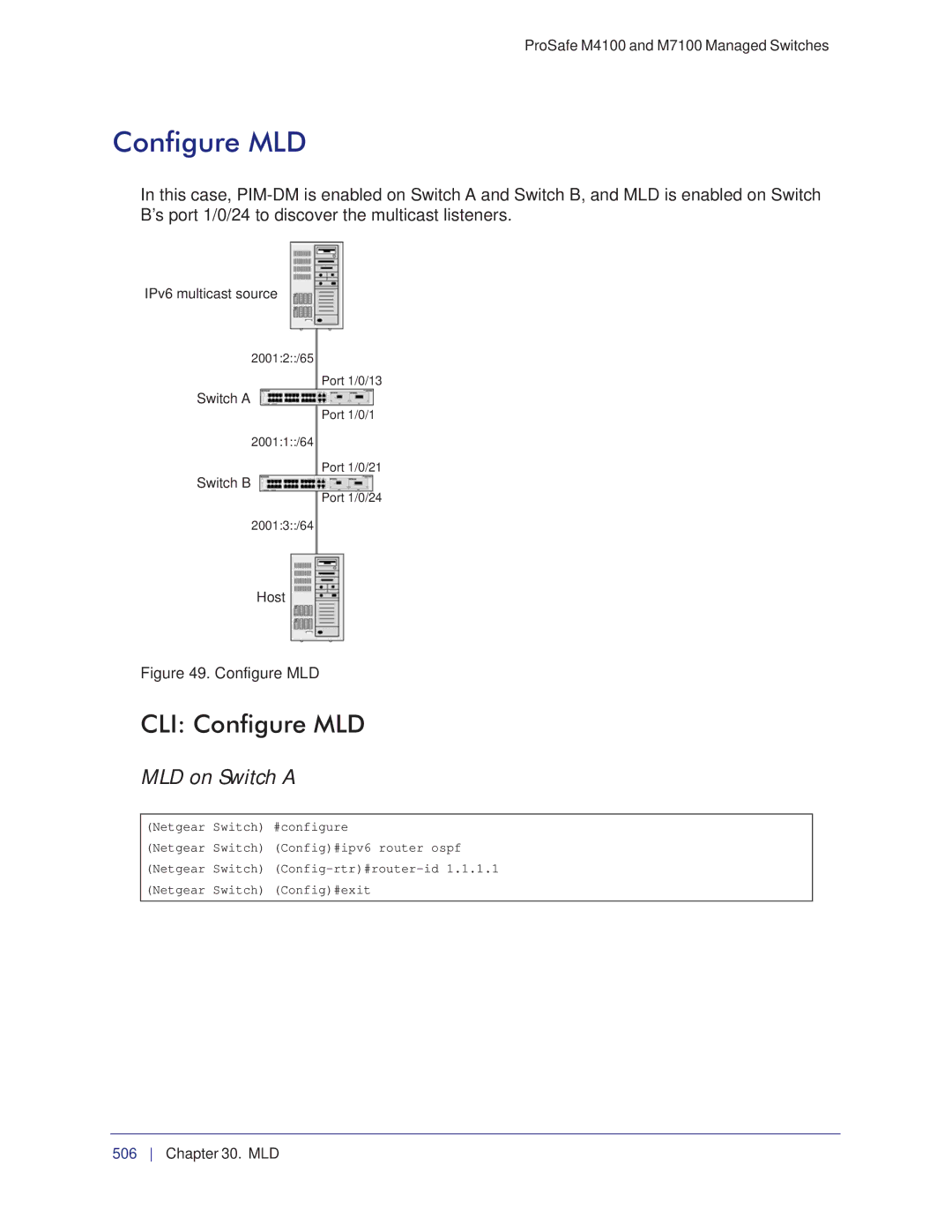 NETGEAR M7100, M4100 manual CLI Configure MLD, MLD on Switch a 