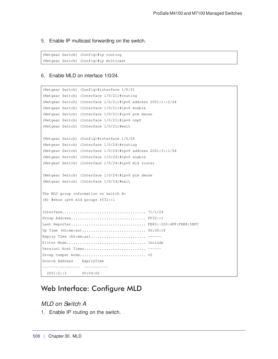 NETGEAR M7100, M4100 manual Web Interface Configure MLD, Enable MLD on interface 1/0/24 