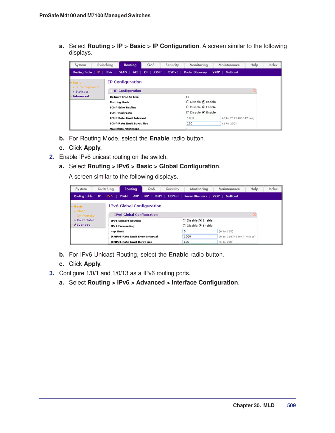 NETGEAR M4100, M7100 manual Select Routing IPv6 Advanced Interface Configuration 