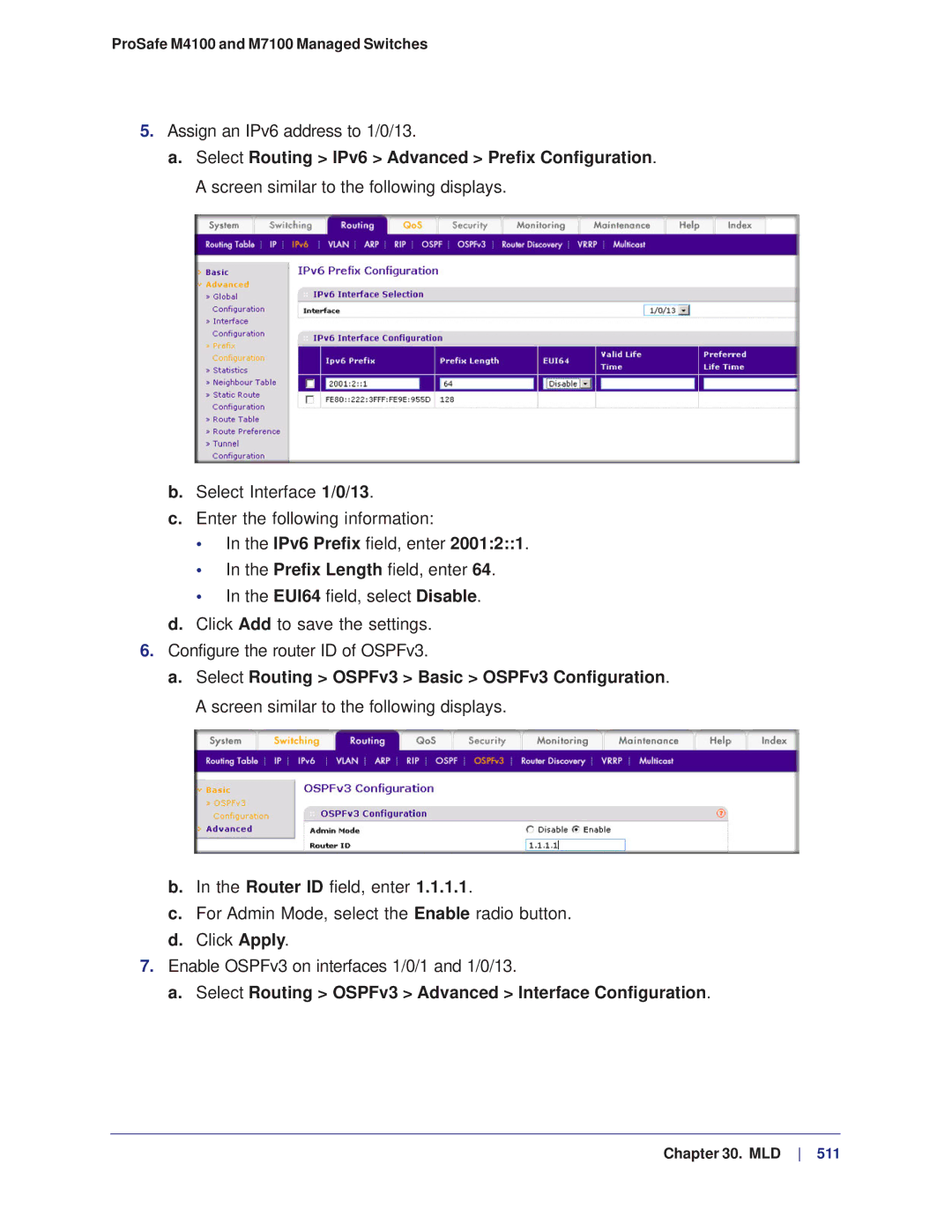 NETGEAR M4100, M7100 manual Select Routing OSPFv3 Advanced Interface Configuration 