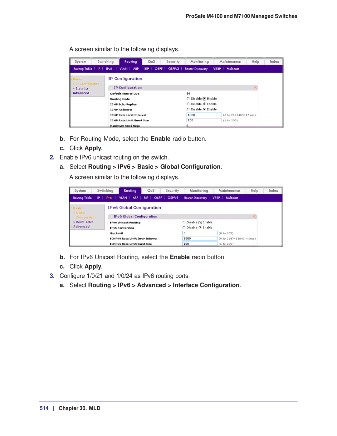 NETGEAR M7100, M4100 manual Select Routing IPv6 Advanced Interface Configuration 