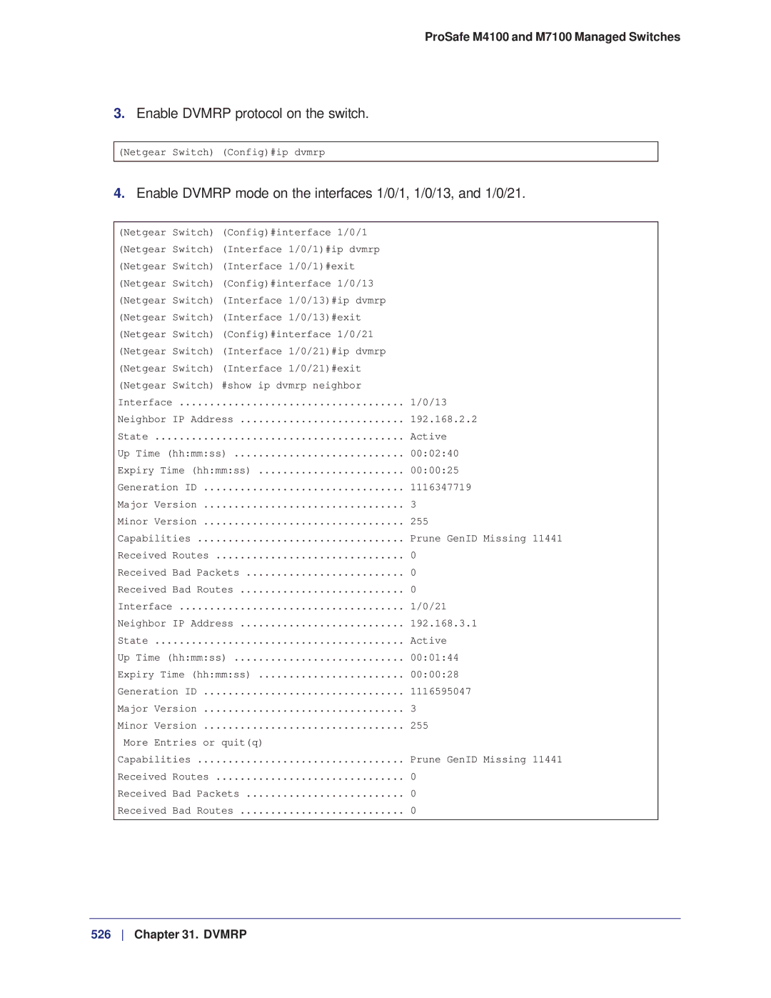 NETGEAR M7100, M4100 manual Enable Dvmrp protocol on the switch, 255 