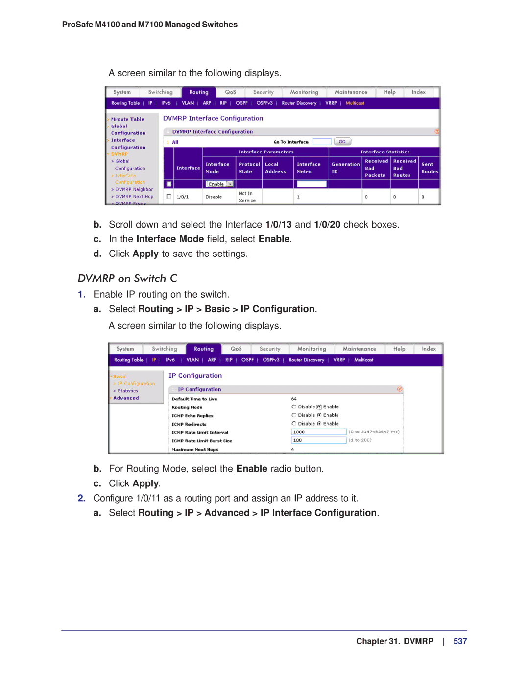 NETGEAR M4100, M7100 manual Dvmrp on Switch C, Select Routing IP Advanced IP Interface Configuration 