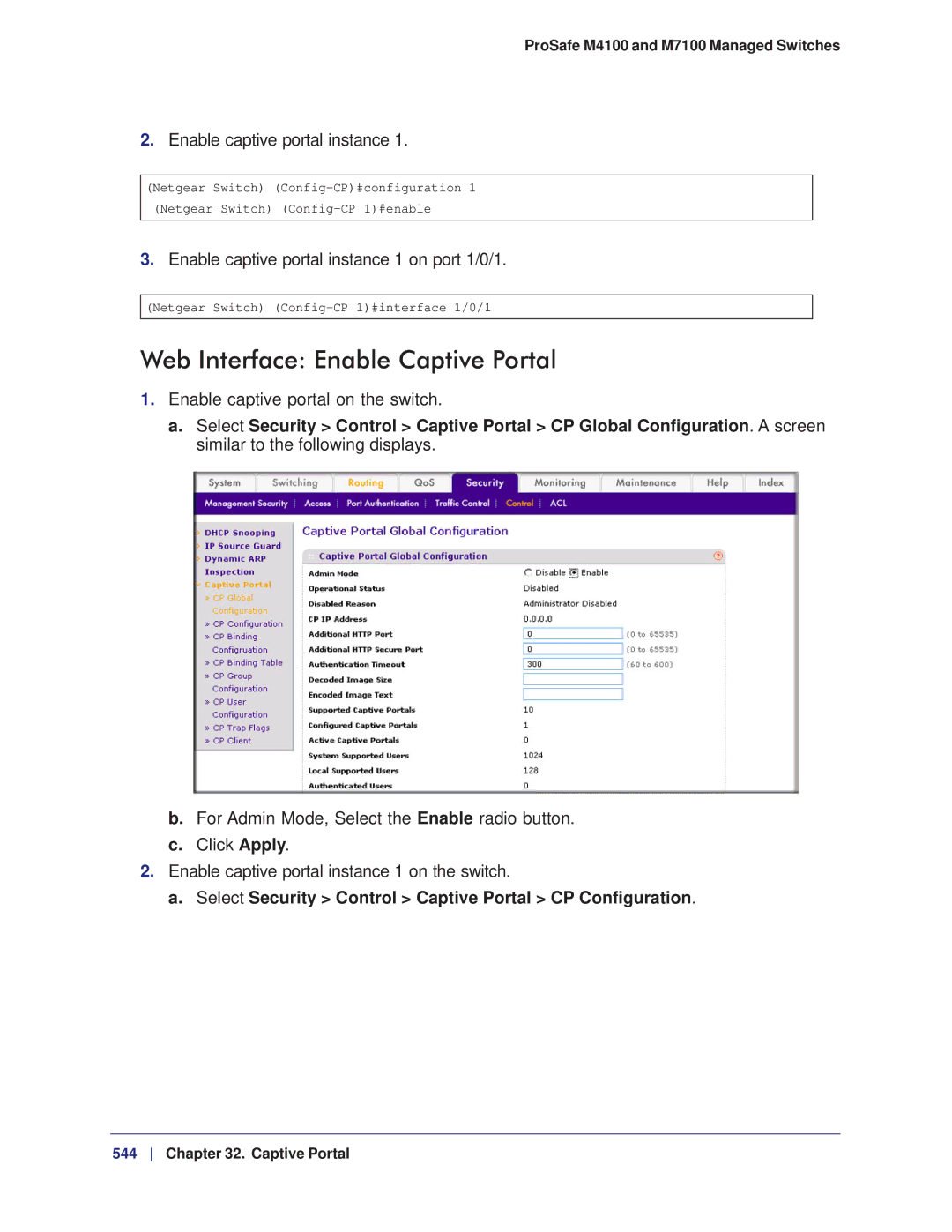 NETGEAR M7100, M4100 manual Web Interface Enable Captive Portal, Enable captive portal instance 